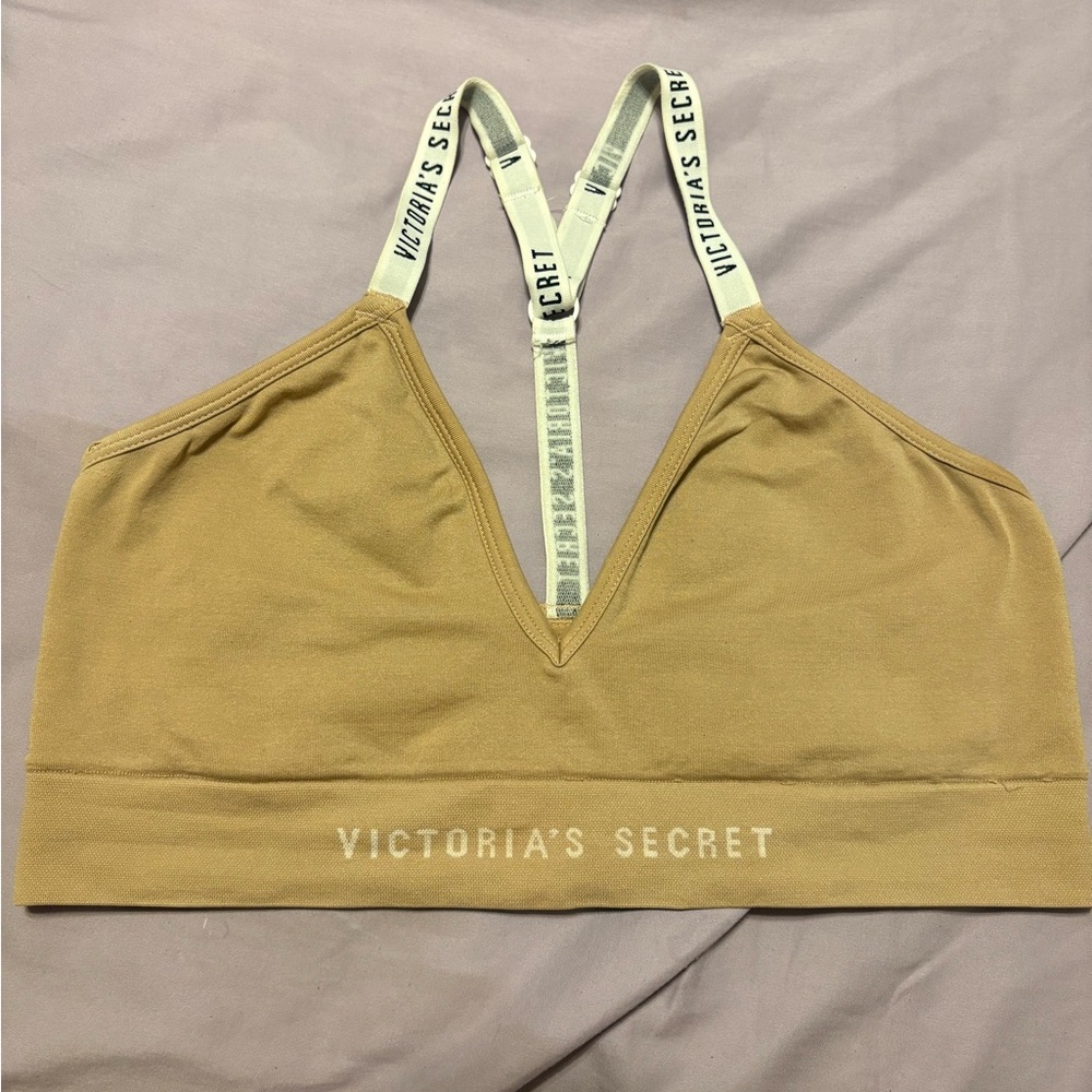 Victoria’s Secret Beige Bralette Logo Adjustable White Straps Sz L